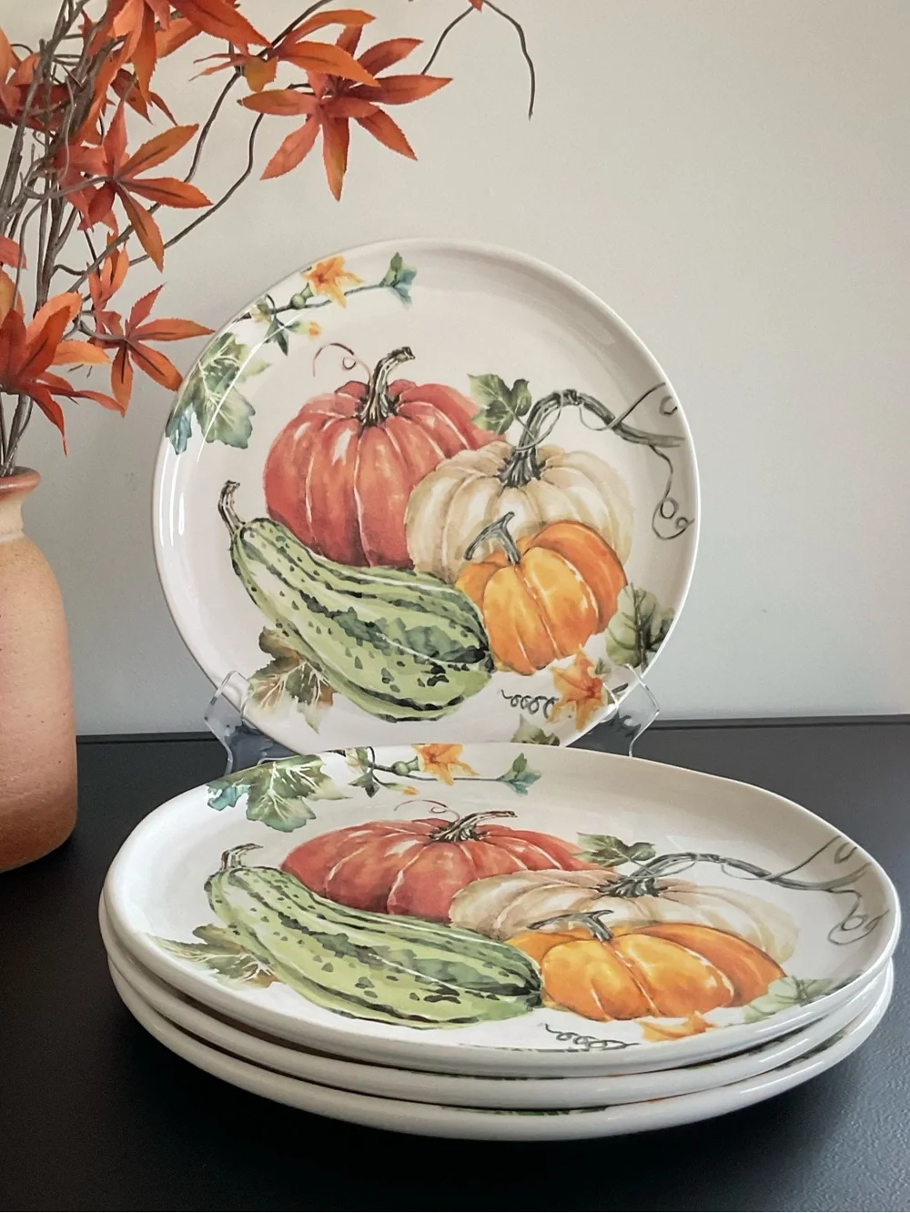 Bico Pumpkins & Gourd Autumn Harvest Ceramic 11” Dinner Plates, Set of 4